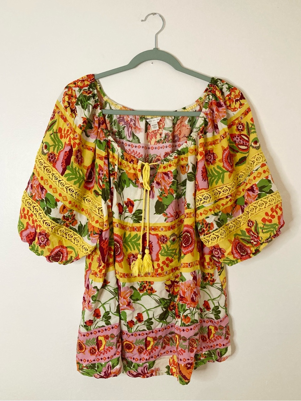 Cato Boho Floral Print Tassel Peasant Blouse Plus Size 18/20W Crochet Lace Trim